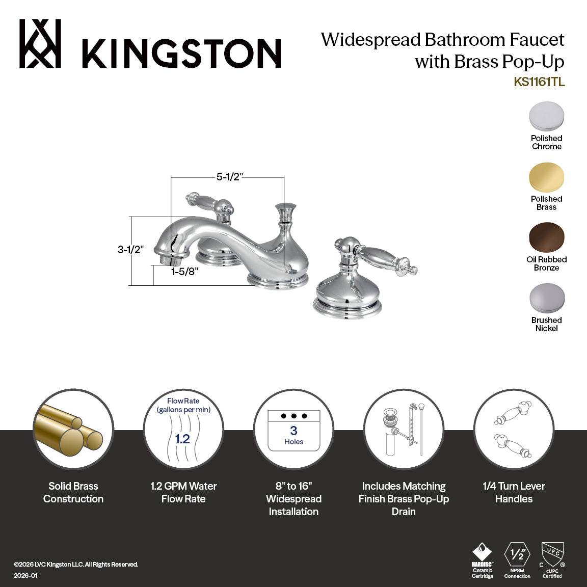 Kingston Tulare KS1161TL - Heritage Two-Handle 3-Hole Deck Mount Widespread Bathroom Faucet with Brass Pop-Up, Polished Chrome — thumbnail 2